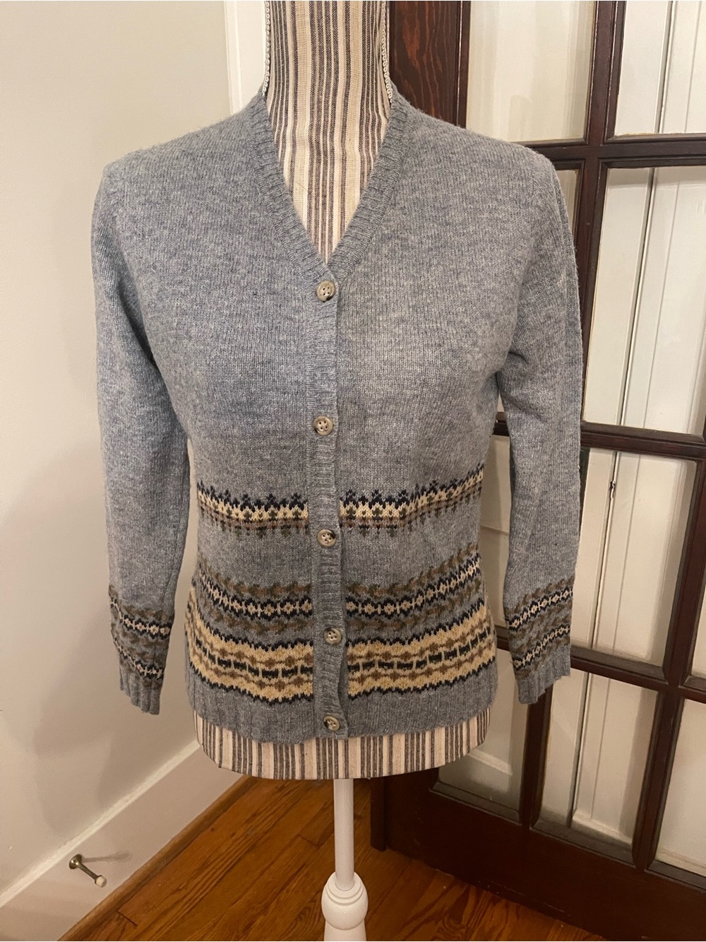 Banana Republic Light Blue Wool Blend Cardigan with Patterned Bands